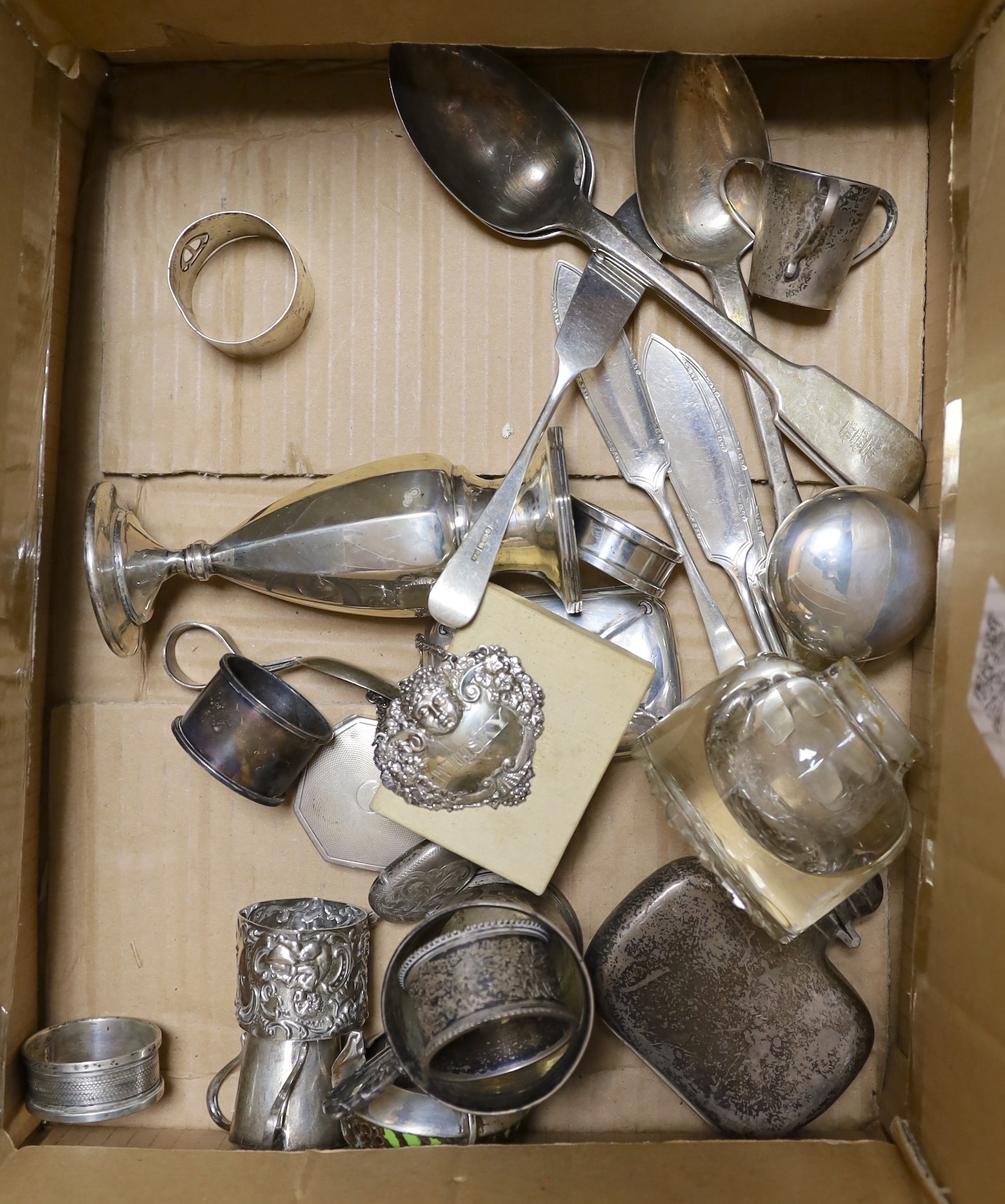 A mixed collection of small silver items to include a cigarette box, a posy vase, condiments, napkin rings, cigarette cases, a planished Scottish posy vase, by John A. Fettes, Glasgow, 1904, 20.4cm, toddy ladle, hip flas